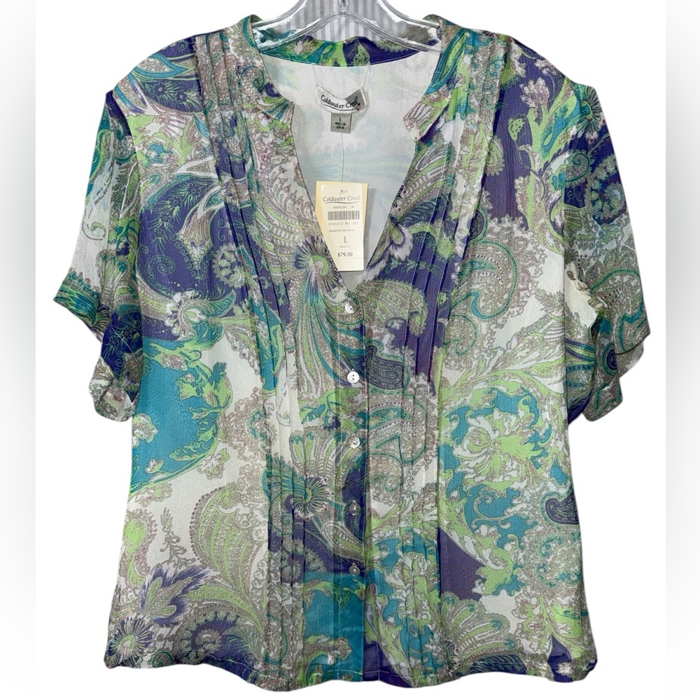 NWT Coldwater Creek Silk Paisley Blouse | Lined Body | Sheer Sleeves